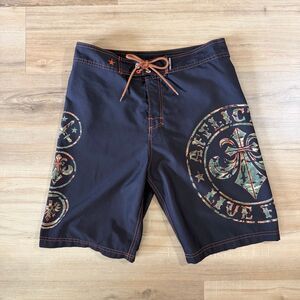 Y2K Affliction Live Fast Black Board Shorts Sz 30 MMA Swim Trunks Indie Sleaze